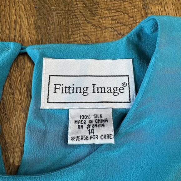 Vintage Fitting Image 100% Silk Blouse Size 14 Turquoise Shoulder Pads Office - Picture 2 of 5